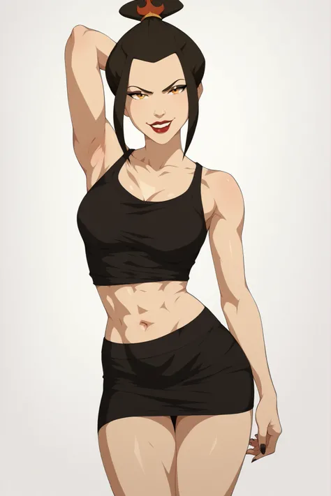 Azula from Avatar would be , golden eyes, black clothes , Letting see the navel, black top corp , wearing a black miniskirt, Black nails, black lipstick, eyes with black eyeliner, smile, Pose sensual, pronounced bust, beautiful and sexy body, sexy legs, s...