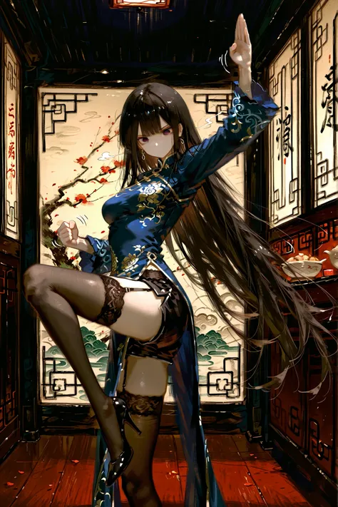 (masterpiece, detailed:1.2), highest quality, Ultra High Quality, 40k, solo, Beautiful and delicate girl,
Extremely long hair, black hair, Diagonally trimmed bangs, trimmed bangs, low tide Long hair, blown eyes, ((perfect eyes)), (medium breasts),
blue Chi...