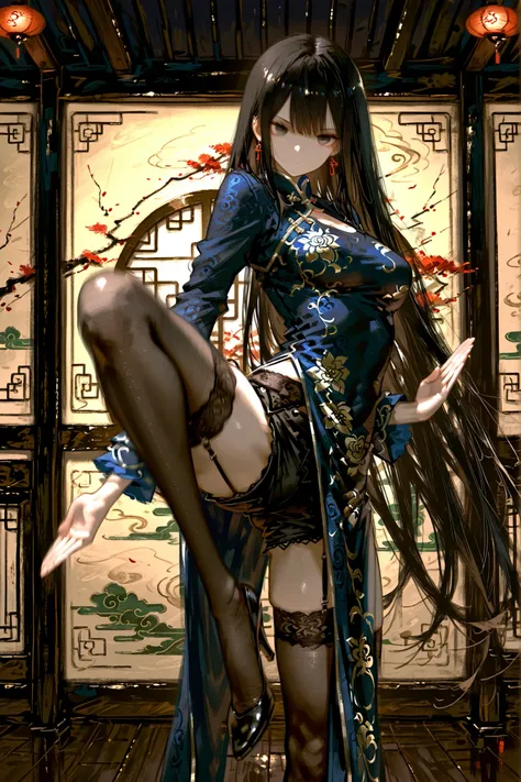 (masterpiece, detailed:1.2), highest quality, Ultra High Quality, 40k, solo, Beautiful and delicate girl,
Extremely long hair, black hair, Diagonally trimmed bangs, trimmed bangs, low tide Long hair, blown eyes, ((perfect eyes)), (medium breasts),
blue Chi...