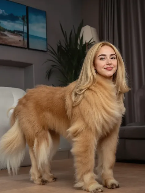 (masterpiece, high quality, high resolution hairstyle, hyperrealistic photograph), Majestic female anthropomorphic dog, hybrid creature standing on the ground on its four legs, humanized canine anatomy in an elegant posture, beautiful female face with deli...