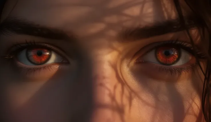 Masterpiece ultra photorealistic close up view of two extremely beautiful eyes with scarlet red iris reflecting light, belonging to a beautiful young female face. Hyper detailed, UHD, 8K