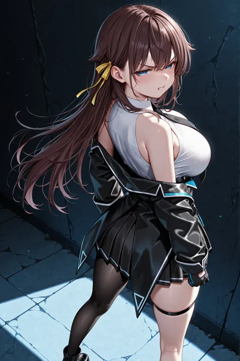 solo,kanawork, single thighhigh, single leg pantyhose, black jacket, sleeveless shirt, thigh strap, necktie, black footwear, gloves, black skirt,hair ribbon,kashiwazakikana, brown hair, blue eyes,big breasts,from back,half open eyes,angry