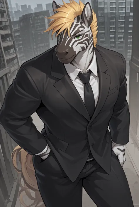 4g1typ3,Zebra, Male, Solo, Tall, Muscular, Tail, Green Eyes, blonde Mohican, black Suit, Top view, City Background