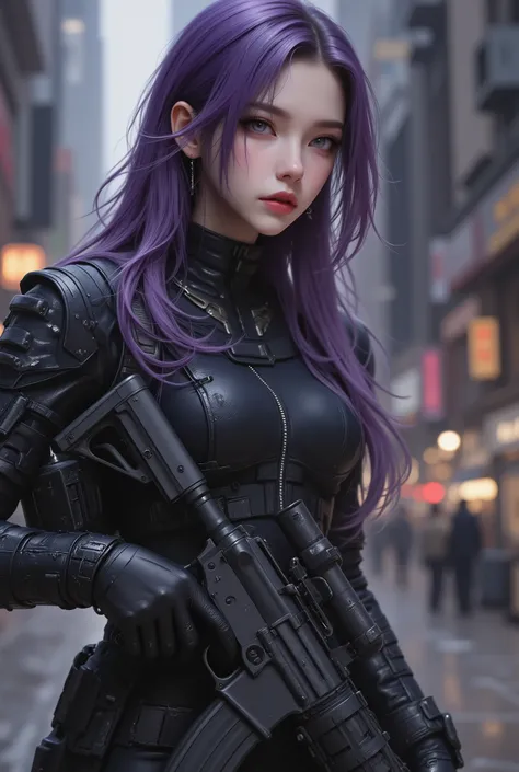 Photorealistic、realistic skin texture、extremely tight cyberpunk suit holding a rifle、beautiful long hair、a dim cyberpunk city with lots of weapons on your back、beautiful pale violet eyes、dark purple hair、I'm holding a rifle with my hand