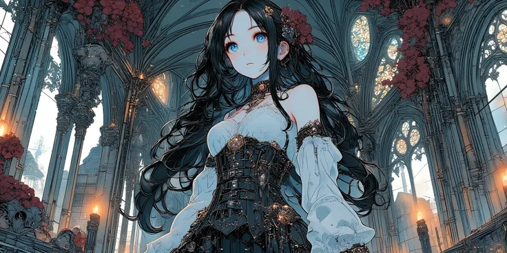 pale-skinned woman with long jet black hair and deep violet eyes, wearing a black lace corset dress, leather choker and silver rings. She stands in an ornate candle-lit cathedral with stained glass windows and gothic arches. Shadows and soft light define h...