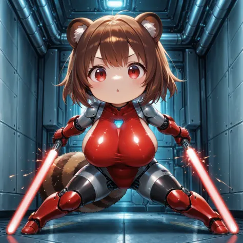 robot,chibi,,masterpiece、Highest Quality、
(chibi:1.2)、full body、2.5 heads tall、Crimson Eyed Demon、
Raccoon Girl、brown short hair、Raccoon Tail、Red Shining Eyes、(Shinobi Outfit)、red leotard、android、(No expression)、(big boobs:1.2)、Sith Lightsaber、Barcode on h...