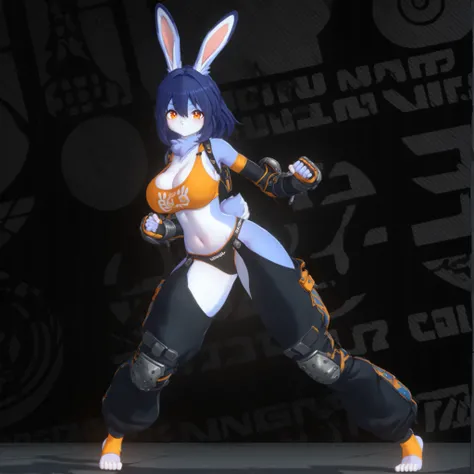 (1girl, solo, rabbit girl, rabbit ears, furry, kemono, Fluffy fur, coloured fur, dark blue fur, two tone fur, dark blue hair, medium hair, orange eyes, big breasts, cleavage, navel, cute sagging belly, wide hips, brawler outfit, cute top, long sleeves, elb...
