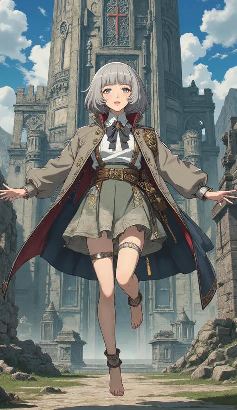 (Masterpiece, best quality, exquisite and mature anime illustration art), dynamic camera angle, vibrant and rich colors.
A petite young girl with short grey hair, fair skin, and bright eyes, captured in a moment of pure joy. She has a cheerful, innocent sm...
