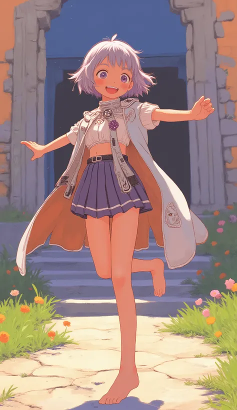 (Masterpiece, best quality, exquisite and mature anime illustration art), dynamic camera angle, vibrant and rich colors.
A petite young girl with short grey hair, fair skin, and bright eyes, captured in a moment of pure joy. She has a cheerful, innocent sm...