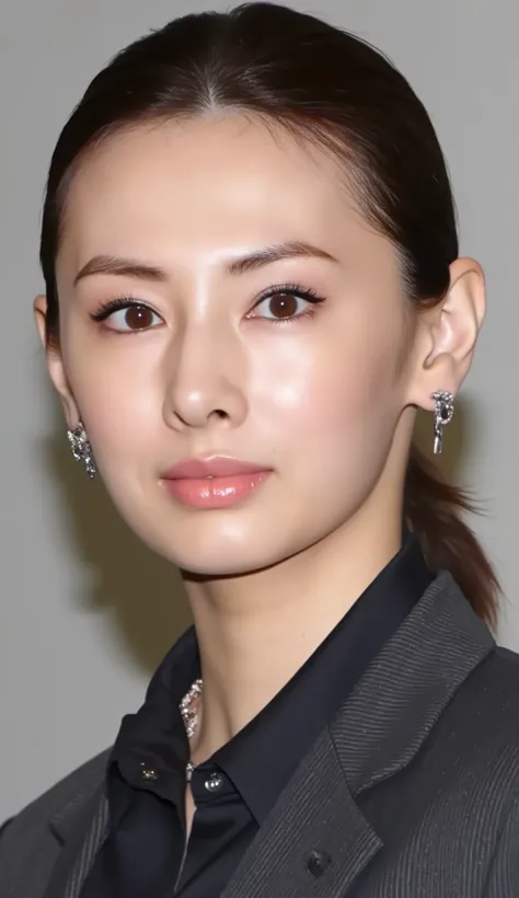 Neat Young Woman、looking at the camera、office lady suit、jacket、shirt、Ear piercings、、前髪あり 、、無表情、、face close-up、The background is office
