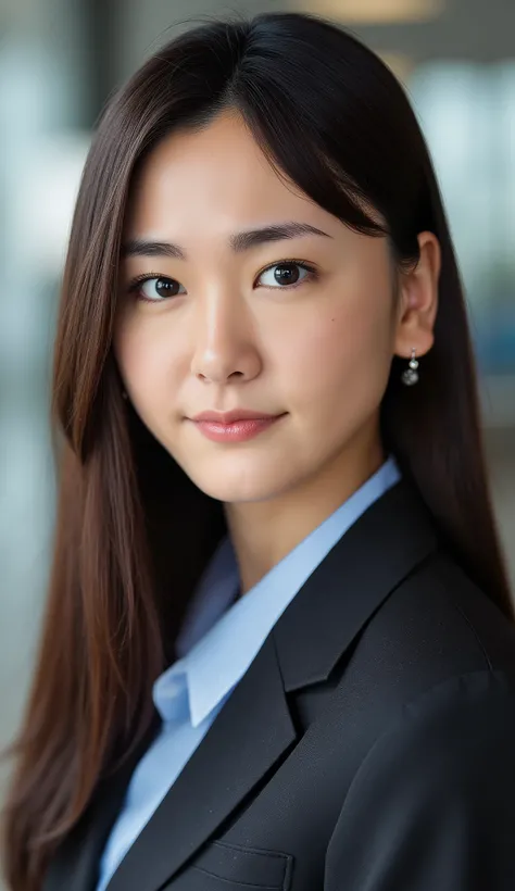 Neat Young Woman、looking at the camera、office lady suit、jacket、shirt、Ear piercings、、前髪あり 、薄い茶髪、無表情、、face close-up、The background is office
