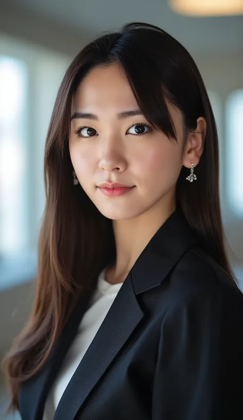 Neat Young Woman、looking at the camera、office lady suit、jacket、shirt、Ear piercings、、前髪あり 、薄い茶髪、歯を見せた笑顔、、、face close-up、The background is office
