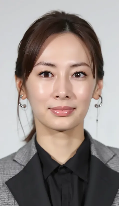 Neat Young Woman、looking at the camera、office lady suit、jacket、shirt、Ear piercings、、前髪あり 、髪型セミロング、無表情、、face close-up、The background is office

