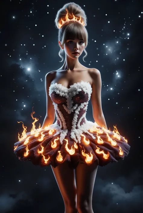 Asian beauty girls, A striking figure stands against a celestial backdrop, embodying a fusion of elegance and fiery allure. The dress, resembling a flaming celestial body, is adorned with bright, flickering flames that dance along the edges of the skirt. T...