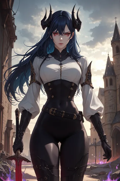 score_9, score_8_up, score_7_up, (masterpiece:1.2), [(female warrior with a ornate elegant sophisticated cover walking away), (very long black hair flowing), red eyes, perfect eyes, detailed eyes, (close view), Caera Denoir, 1girl, solo, blue hair, long ha...