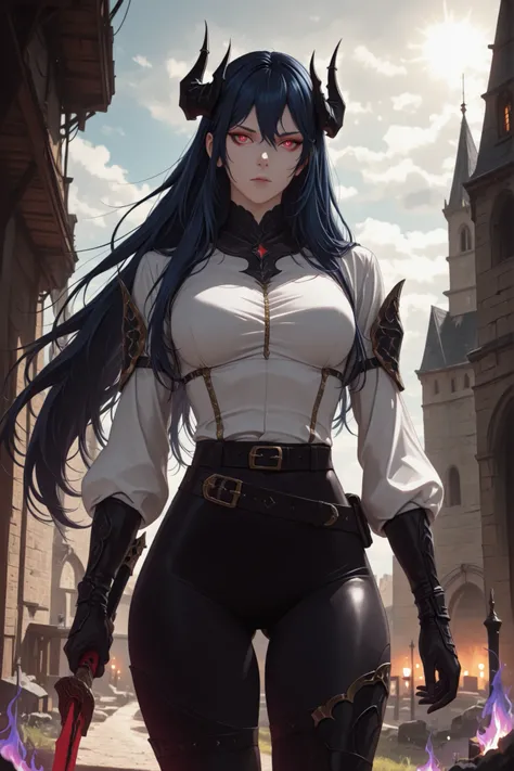 score_9, score_8_up, score_7_up, (masterpiece:1.2), [(female warrior with a ornate elegant sophisticated cover walking away), (very long black hair flowing), red eyes, perfect eyes, detailed eyes, (close view), Caera Denoir, 1girl, solo, blue hair, long ha...