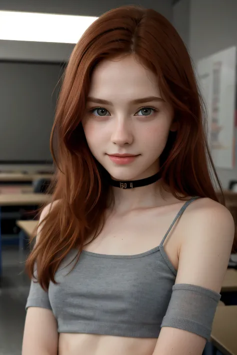 RAW photo,(13yo skinny redhead girl:1.2), wearing a sheer school shirt and pleated skirt, in a classroom, (best quality, high quality), hyperdetailed, highres, high detail, intricate detail, HDR, 8k, sharp focus, detailed background, perfect hands, realist...
