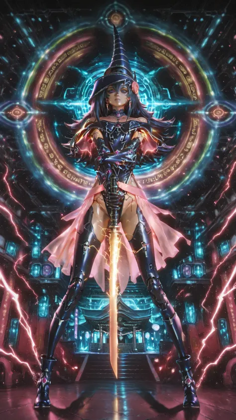 Darck magician girls, colorful,electricity,auralora,sparks,cyberpunk style, mad-neonbody, 748cmstyle, anime girl, Anime girl, Full body, perfect hands according to anatomy, 5 fingers, perfect legs according to anatomy, 2 legs, realistic shadow quality, rea...
