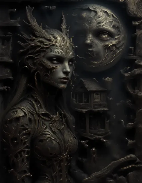 The moon is a house, with windows, terraces and a lot of life, a sexy girl looks out of a window, eroticism, sexy, black and white image, between shadows, oil painting, chiaroscuro, sensual, dramatic lighting, moody atmosphere, photorealistic, intricate de...