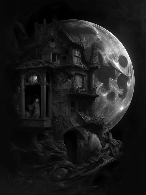 The moon is a house, with windows, terraces and a lot of life, a sexy girl looks out of a window, eroticism, sexy, black and white image, between shadows, oil painting, chiaroscuro, sensual, dramatic lighting, moody atmosphere, photorealistic, intricate de...
