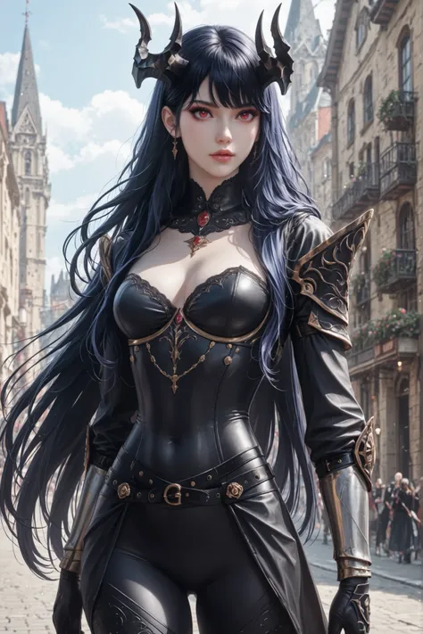 score_9, score_8_up, score_7_up, (masterpiece:1.2), [(female warrior with a ornate elegant sophisticated cover walking away), (pale skin, very long black hair flowing), Caera Denoir, 1girl, solo, blue hair, long hair, flat bangs, a pair of intricate demon ...