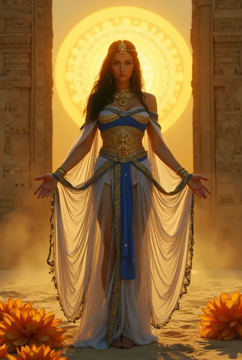 see-through clothing,An epic, ultra-detailed 16K fantasy cinematic work of art depicting a radiant Egyptian woman, embodying the essence of Isis, the ancient goddess of magic, motherhood and divine wisdom. She stands majestic in the golden radiance of the ...