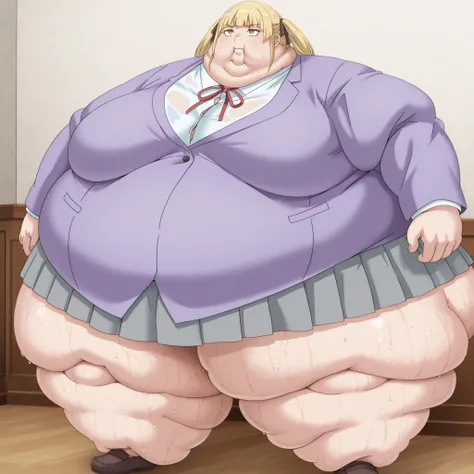 1girl, white shirt, school uniform, brown eyes, skirt, breasts, blonde hair, purple jacket, soaks, shoes, blank_stare, empty_stare,  fat, chubby, obese, gigantic arms and legs, large breasts, sweating, wet body, swollen face, Fat_neck , Fat head , eyes wit...