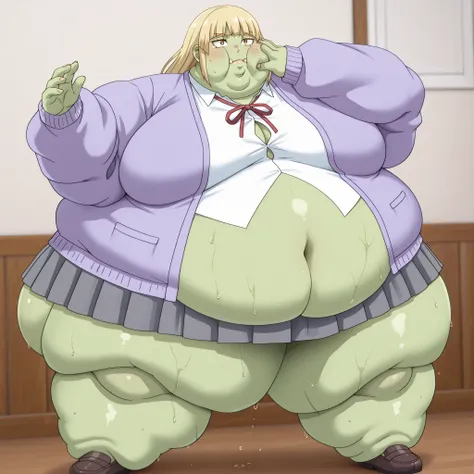 Becoming a orc, monster, Orc, Female Orc, green skin, tusks, Orc, fangs, 1girl, white shirt, school uniform, brown eyes, skirt, breasts, blonde hair, purple jacket, soaks, shoes, blank_stare, empty_stare,  fat, chubby, obese, gigantic arms and legs, large ...