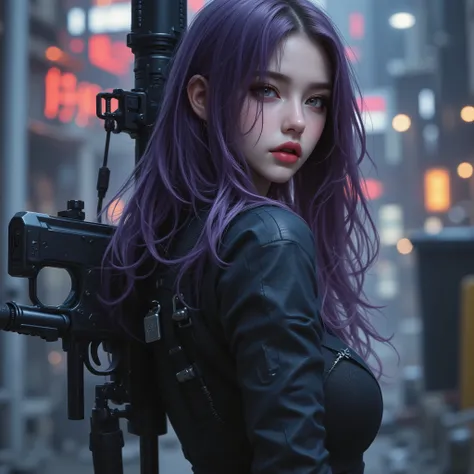 Photorealistic、realistic skin texture、extremely tight cyberpunk suit holding a rifle、beautiful long hair、a dim cyberpunk city with lots of weapons on your back、beautiful pale violet eyes、dark purple hair、I'm holding a rifle with my hand