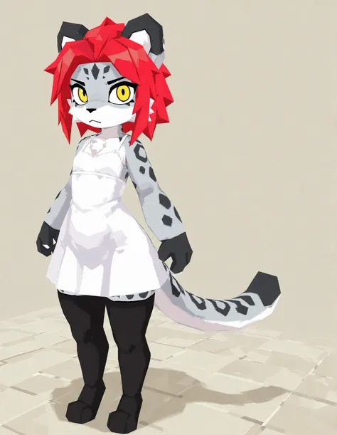 atlyssstyle, low poly, high quality, Masterpiece, best quality, alone, antro snow-leopard, furry male, yellow eyes, red hair, ideal body, flat chest, white dress, black stockings, full body