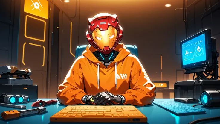 A futuristic youtuber-style talking avatar sitting in a high-tech sci-fi workshop, facing the camera directly as if speaking to an audience, wearing a bright orange hoodie and a spherical red helmet with a glowing blue digital face display that shows expre...