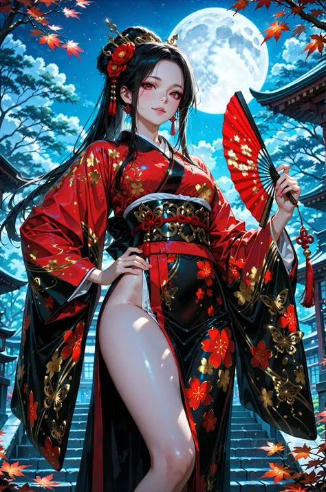 Realistic style, theme: “Crimson-Eyed Enchantress.”
A beautiful enchantress with deep crimson eyes stands in a misty Japanese garden under the moonlight.
She wears a glossy black and crimson kimono adorned with elegant butterfly patterns.
In one hand, she ...