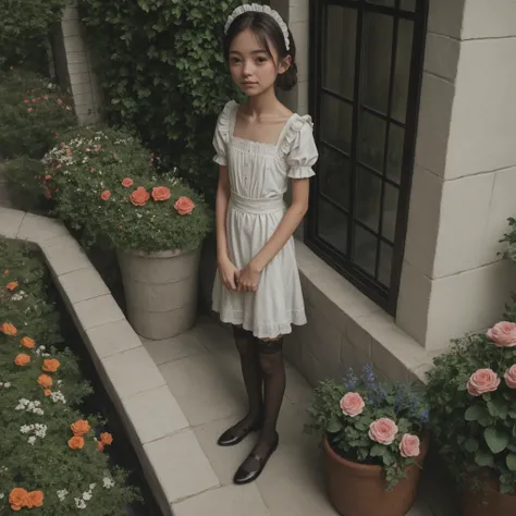 one girl、maids,Look at the audience,(skinny:1.23),(younger:1.24),from above,slouches forward,Watering flowers outside the mansion,japanese,(Smile Yang:0.39),black lace stockings