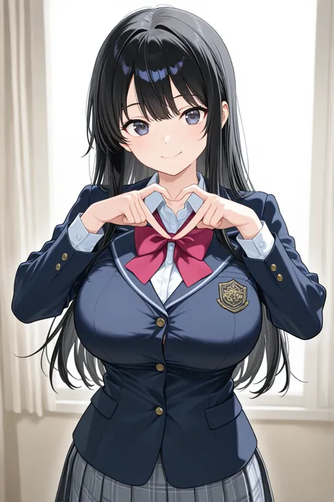 4k,best quality,high resolution,Highest、A woman((16 years old、Short Height、black long hair、big boobs、school uniform、 joy pose)),Highestのデザイン,place((Highestの部屋))、
