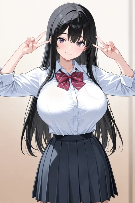4k,best quality,high resolution,Highest、A woman((16 years old、Short Height、black long hair、big boobs、school uniform、 joy pose)),Highestのデザイン,place((Highestの部屋))、
