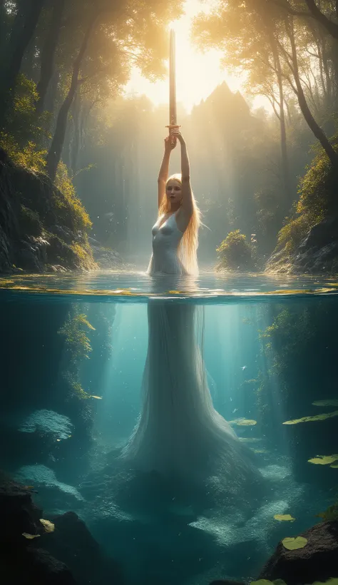 Portrayal of an ancient tale very vivid in a high fantasy expressionist style with abstract beauty,  Ethereal and beautiful Lady of the Lake emerging from crystal clear sacred waters, holding the legendary broadword Excalibur sword above surface point skyw...