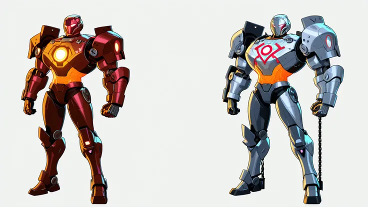 A upperbody of shutdown ironman armour hanging in chains, shutdown helmet is attached to the armour, the armour has no legs and no thighs, orange colour with silver accents, triangular arc reactor on the chest, sleek athletic body, 2D cartoon style, 8K ult...