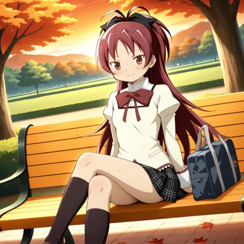 absurdres, highres, masterpiece, best quality, amazing quality, anime style, anime capture, anime screen, 1girl, solo, mahou shoujo madoka magica, sakura kyoko, red eyes, red hair, ponytail, long hair, hair bow, mitakihara school uniform, collared shirt, r...
