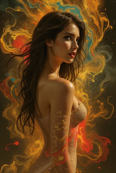 Beautifully young 20 year old voluptuous Pandora in a tight dress as bright abstract swirls of gold, red, teal, and orange dance around her ravishing gorgeous expressive face and impressive body along with a golden box loosing evils of the world in dark co...