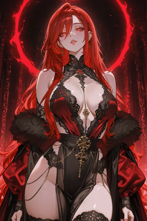 A seductive temptress with piercing scarlet eyes that glow with an otherworldly intensity, her gaze piercing through the viewer's soul, revealing hidden desires, long flowing crimson hair cascading over pale porcelain skin, adorned in a revealing black lac...