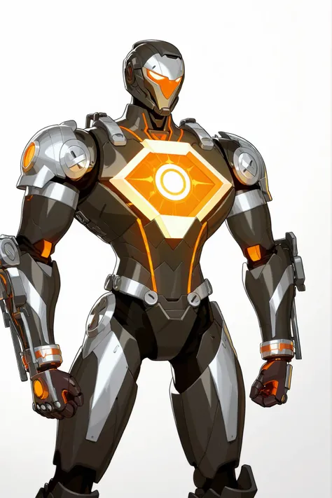 A upperbody of shutdown ironman armour hanging in chains, shutdown helmet is attached to the armour, the armour has no legs and no thighs, orange colour with silver accents, triangular arc reactor on the chest, sleek athletic body, 2D cartoon style, 8K ult...