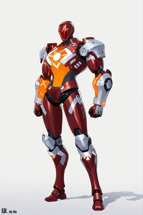 A upperbody of shutdown ironman armour hanging in chains, shutdown helmet is attached to the armour, the armour has no legs and no thighs, orange colour with silver accents, triangular arc reactor on the chest, sleek athletic body, 2D cartoon style, 8K ult...