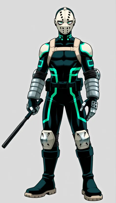 ((Highest Quality)), ((Simple Light Grey Background)), (My Hero Academia Style), standing, (1male), (Male), solo, slender body, athletic body, slim body, standing, Full Body, full body bodysuit, black bodysuit, metal knee pads, metal elbow pads, black tact...