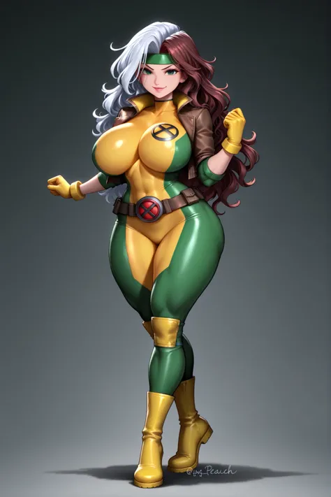 1girl, pawg . peach ass (((full body view))((full body view))
,breasts, solo, thick_thighs, rogue_(x-men), green_eyes, headband, thighs, bodysuit, belt, multicolored_hair, looking_at_viewer, jacket, smile, white_hair, large_breasts, brown_hair, huge_breast...