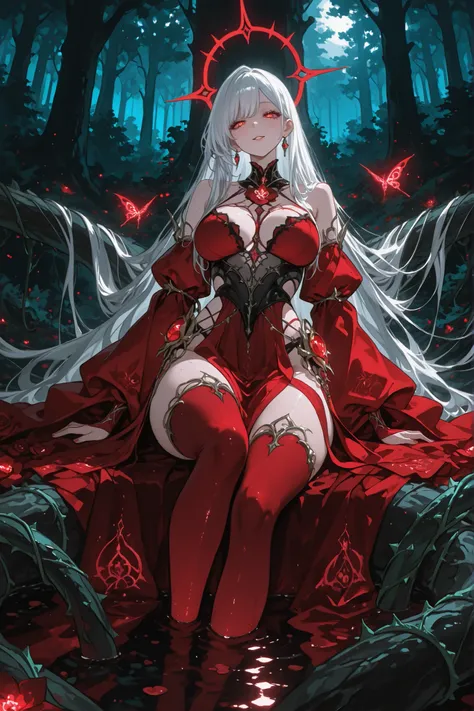 A mesmerizing scarlet-eyed temptress with glowing ruby-red eyes that penetrate the soul, her silver-white hair flowing like liquid moonlight tangled with thorny rose vines, dressed in a diaphanous emerald silk robe that clings to her lithe form, revealing ...