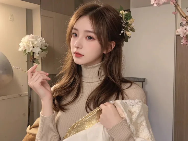 Girl wearing, luxury   skin. Color turtle neck sweater  , long wavy thick hair, glowing skin, red lips, suitable background, Japanese background with good lighting , cute poses , upper body, brown hair, ,  nose blush, holding a gold purse, long shawl on sh...