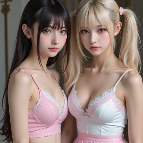 masterpiece、Highest Quality、Realistic,8k,{{cosplay、Beautiful girl、メスガキのcosplay、dark haired short bob cut、Blonde twintales hair,}}、Looking Here,2girls,pink camisole,white camisole,