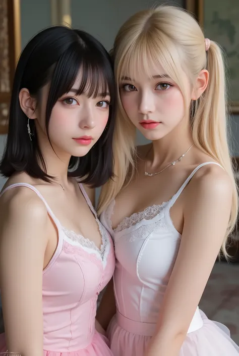 masterpiece、Highest Quality、Realistic,8k,{{cosplay、Beautiful girl、メスガキのcosplay、dark haired short bob cut、Blonde twintales hair,}}、Looking Here,2girls,pink camisole,white camisole,