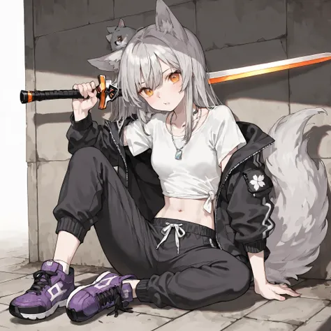 amber eyes、with gray hair on the head、and have a baby face and feel a little cool、Wolf Ears、with a fluffy tail growing on her waist、Silver necklace on the neck、What's inside is a white t-shirt、wearing a black jacket or jacket、As for the pants, I wear sweat...