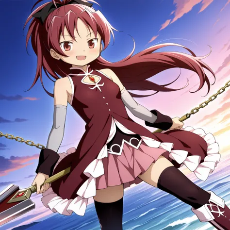 absurdres, highres, masterpiece, best quality, amazing quality, anime style, anime capture, anime screen, 1girl, solo, mahou shoujo madoka magica, sakura kyoko, red eyes, red hair, ponytail, long hair, hair bow, magical girl, red dress, soul gem, bare shou...